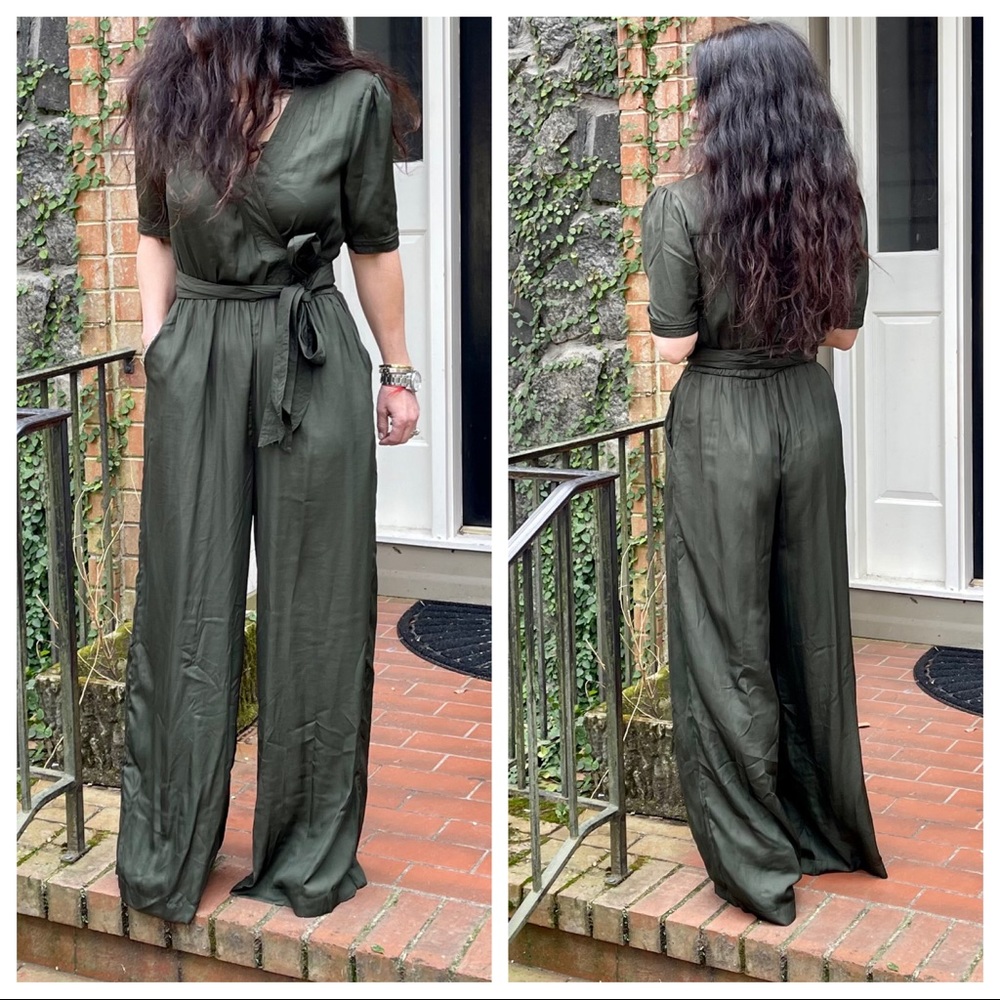 #05 Fabulous Dark Olive wrap front wide leg jumpsuit - Picture 3 of 7